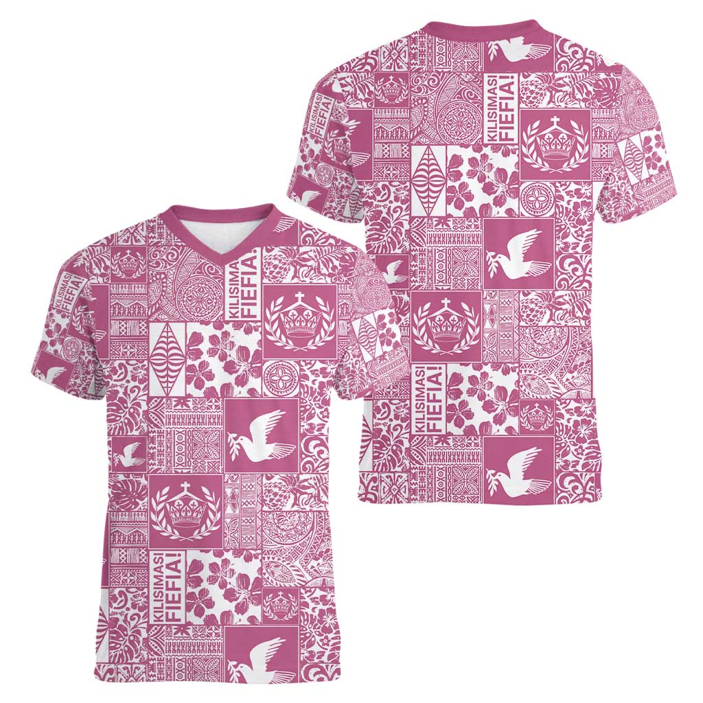 Pink Tonga Kilisimasi Fiefia Women V-Neck T-Shirt Pacific Patchwork Xmas Vibes - Polynesian Pride