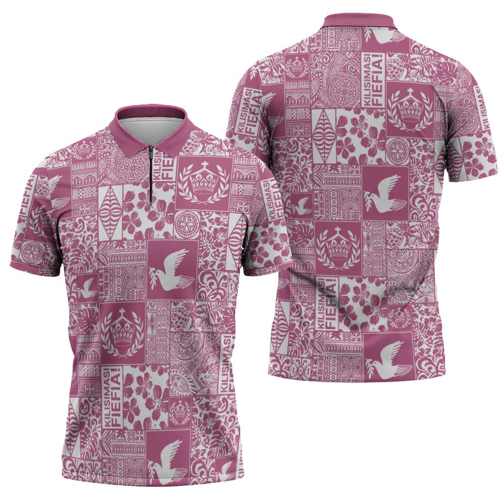Pink Tonga Kilisimasi Fiefia Zipper Polo Shirt Pacific Patchwork Xmas Vibes - Polynesian Pride