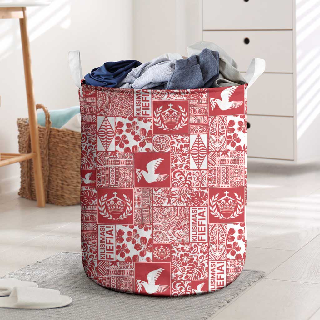 Red Tonga Kilisimasi Fiefia Laundry Basket Pacific Patchwork Xmas Vibes - Polynesian Pride