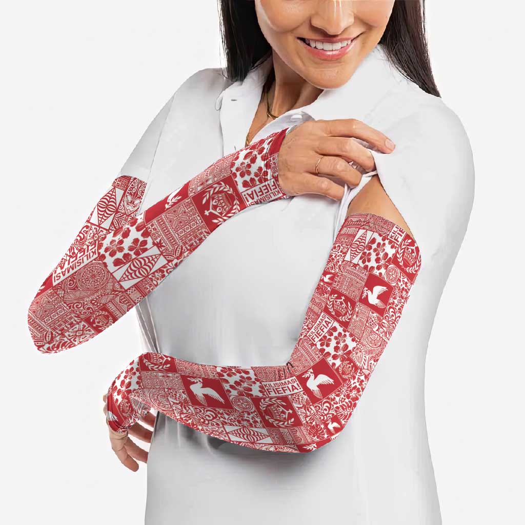 Red Tonga Kilisimasi Fiefia Arm Sleeves Pacific Patchwork Xmas Vibes - Polynesian Pride