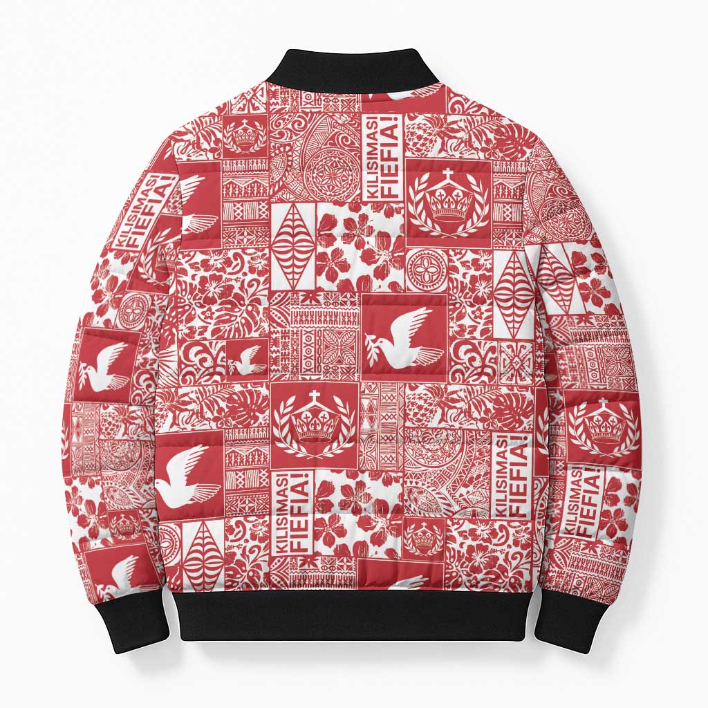 Red Tonga Kilisimasi Fiefia Bomber Puffer Jacket Pacific Patchwork Xmas Vibes - Polynesian Pride