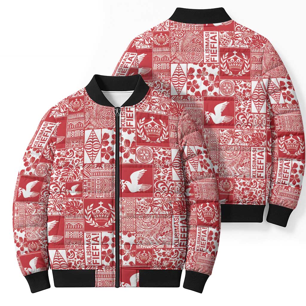 Red Tonga Kilisimasi Fiefia Bomber Puffer Jacket Pacific Patchwork Xmas Vibes - Polynesian Pride