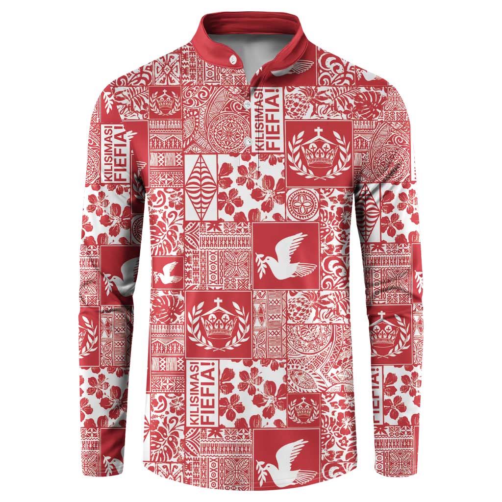 Red Tonga Kilisimasi Fiefia Button Sweatshirt Pacific Patchwork Xmas Vibes - Polynesian Pride
