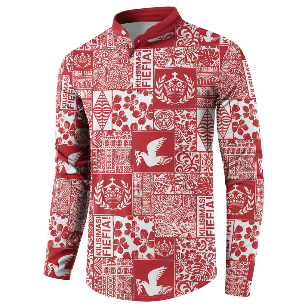 Red Tonga Kilisimasi Fiefia Button Sweatshirt Pacific Patchwork Xmas Vibes - Polynesian Pride