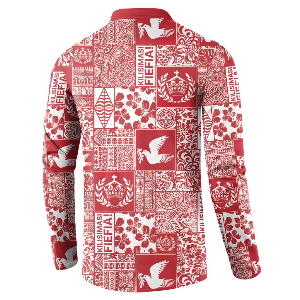Red Tonga Kilisimasi Fiefia Button Sweatshirt Pacific Patchwork Xmas Vibes - Polynesian Pride