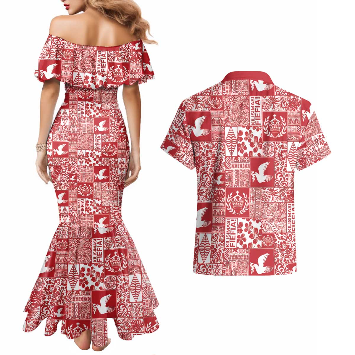 Red Tonga Kilisimasi Fiefia Couples Matching Mermaid Dress and Hawaiian Shirt Pacific Patchwork Xmas Vibes - Polynesian Pride