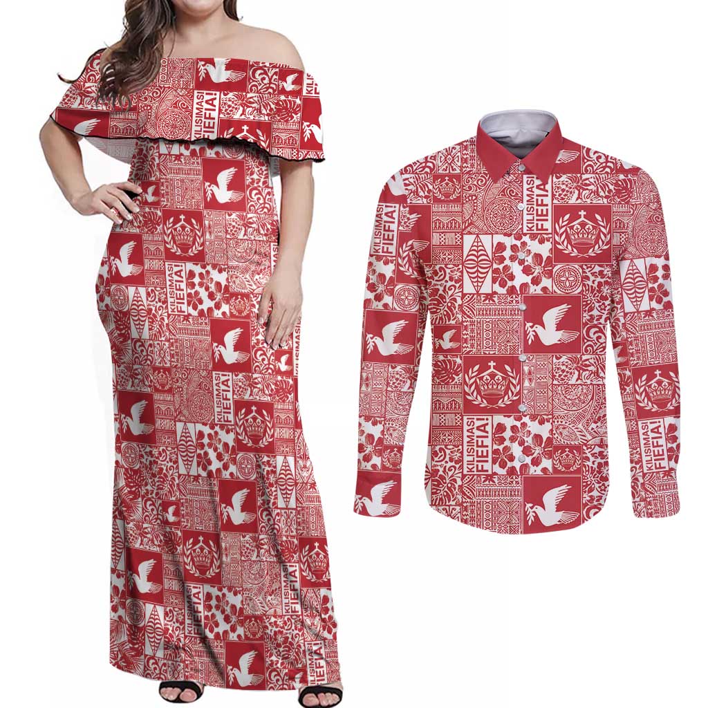 Red Tonga Kilisimasi Fiefia Couples Matching Off Shoulder Maxi Dress and Long Sleeve Button Shirt Pacific Patchwork Xmas Vibes - Polynesian Pride