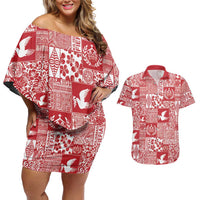 Red Tonga Kilisimasi Fiefia Couples Matching Off Shoulder Short Dress and Hawaiian Shirt Pacific Patchwork Xmas Vibes - Polynesian Pride