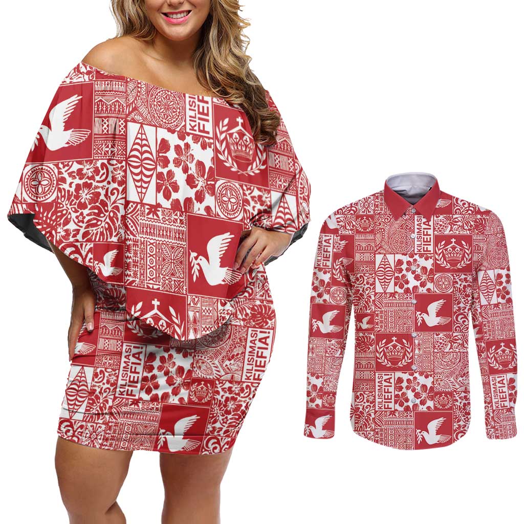 Red Tonga Kilisimasi Fiefia Couples Matching Off Shoulder Short Dress and Long Sleeve Button Shirt Pacific Patchwork Xmas Vibes - Polynesian Pride