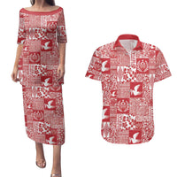 Red Tonga Kilisimasi Fiefia Couples Matching Puletasi and Hawaiian Shirt Pacific Patchwork Xmas Vibes - Polynesian Pride