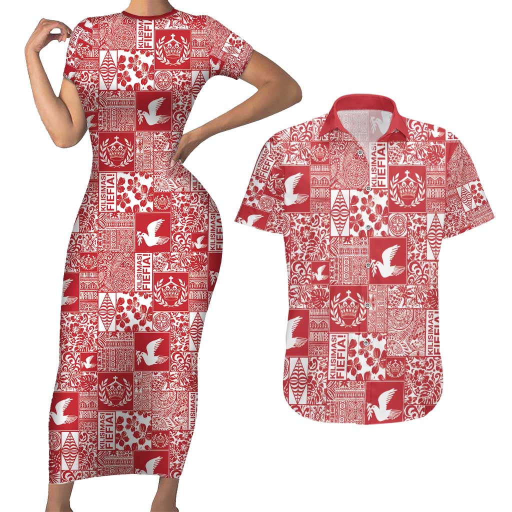 Red Tonga Kilisimasi Fiefia Couples Matching Short Sleeve Bodycon Dress and Hawaiian Shirt Pacific Patchwork Xmas Vibes - Polynesian Pride