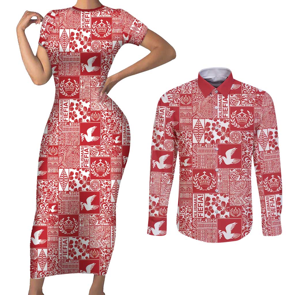 Red Tonga Kilisimasi Fiefia Couples Matching Short Sleeve Bodycon Dress and Long Sleeve Button Shirt Pacific Patchwork Xmas Vibes - Polynesian Pride