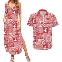 Red Tonga Kilisimasi Fiefia Couples Matching Summer Maxi Dress and Hawaiian Shirt Pacific Patchwork Xmas Vibes - Polynesian Pride