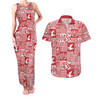 Red Tonga Kilisimasi Fiefia Couples Matching Tank Maxi Dress and Hawaiian Shirt Pacific Patchwork Xmas Vibes - Polynesian Pride