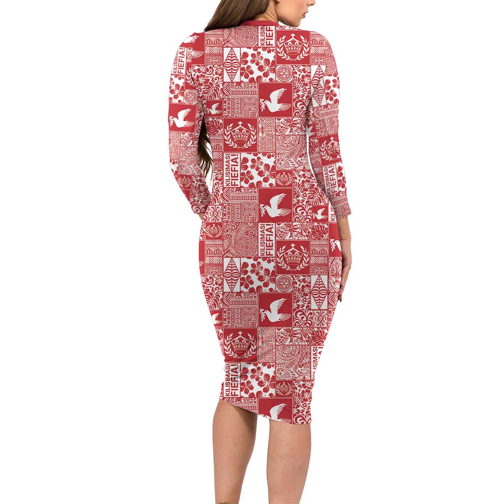 Red Tonga Kilisimasi Fiefia Family Matching Long Sleeve Bodycon Dress and Hawaiian Shirt Pacific Patchwork Xmas Vibes - Polynesian Pride