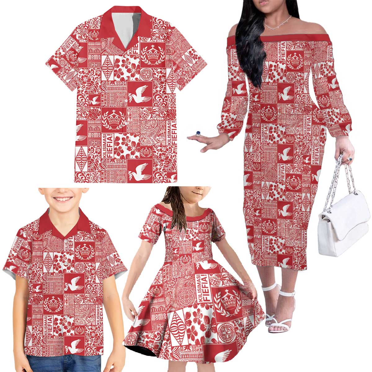Red Tonga Kilisimasi Fiefia Family Matching Off The Shoulder Long Sleeve Dress and Hawaiian Shirt Pacific Patchwork Xmas Vibes - Polynesian Pride