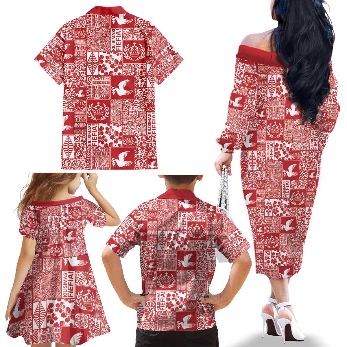 Red Tonga Kilisimasi Fiefia Family Matching Off The Shoulder Long Sleeve Dress and Hawaiian Shirt Pacific Patchwork Xmas Vibes - Polynesian Pride