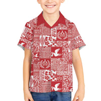 Red Tonga Kilisimasi Fiefia Family Matching Off The Shoulder Long Sleeve Dress and Hawaiian Shirt Pacific Patchwork Xmas Vibes - Polynesian Pride
