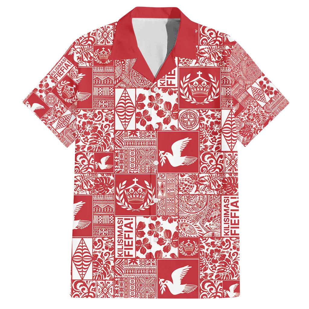 Red Tonga Kilisimasi Fiefia Family Matching Off Shoulder Maxi Dress and Hawaiian Shirt Pacific Patchwork Xmas Vibes - Polynesian Pride