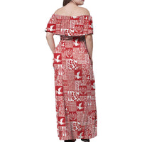 Red Tonga Kilisimasi Fiefia Family Matching Off Shoulder Maxi Dress and Hawaiian Shirt Pacific Patchwork Xmas Vibes - Polynesian Pride