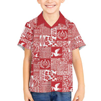 Red Tonga Kilisimasi Fiefia Family Matching Off Shoulder Short Dress and Hawaiian Shirt Pacific Patchwork Xmas Vibes - Polynesian Pride