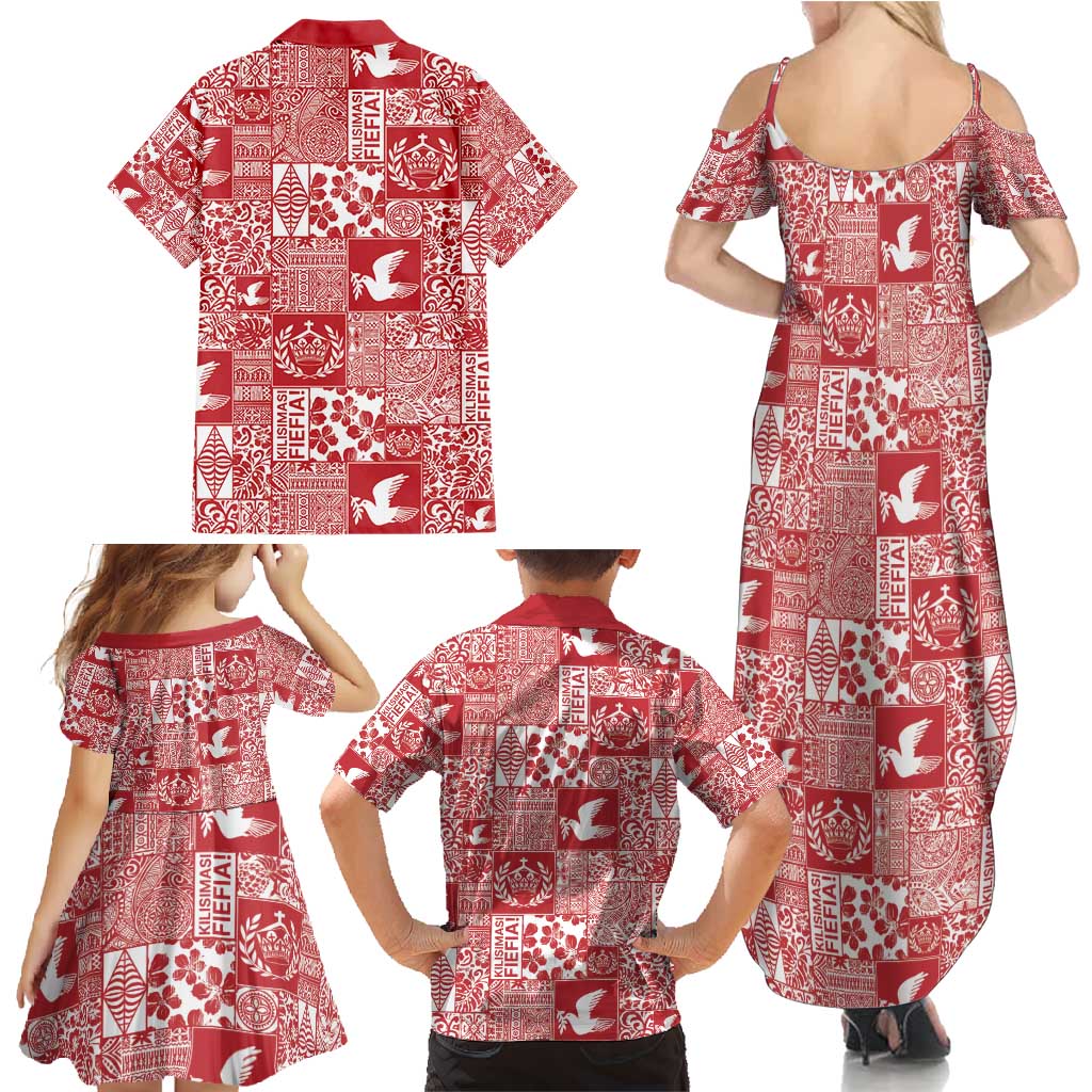 Red Tonga Kilisimasi Fiefia Family Matching Summer Maxi Dress and Hawaiian Shirt Pacific Patchwork Xmas Vibes - Polynesian Pride