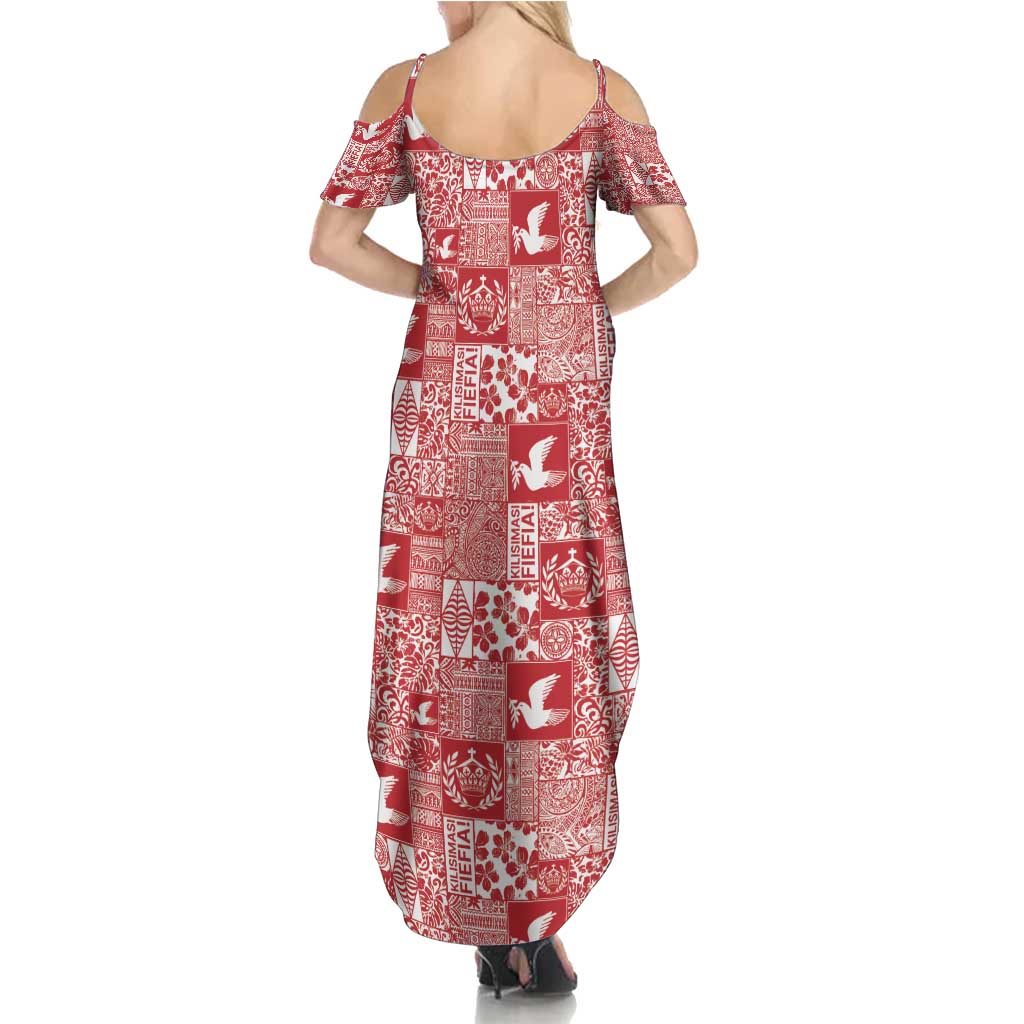 Red Tonga Kilisimasi Fiefia Family Matching Summer Maxi Dress and Hawaiian Shirt Pacific Patchwork Xmas Vibes - Polynesian Pride