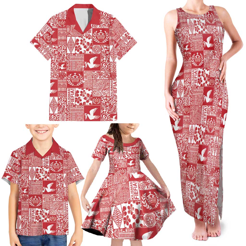 Red Tonga Kilisimasi Fiefia Family Matching Tank Maxi Dress and Hawaiian Shirt Pacific Patchwork Xmas Vibes - Polynesian Pride