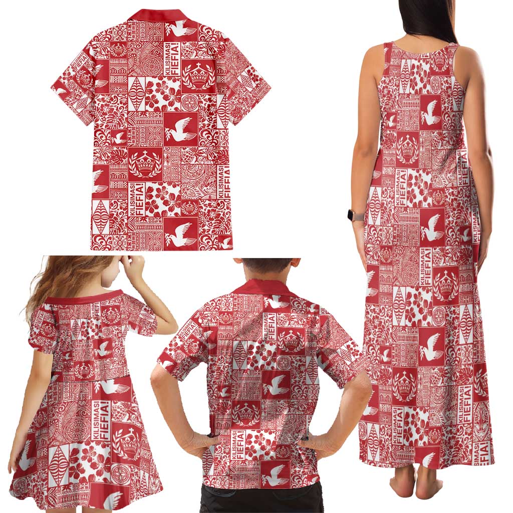 Red Tonga Kilisimasi Fiefia Family Matching Tank Maxi Dress and Hawaiian Shirt Pacific Patchwork Xmas Vibes - Polynesian Pride