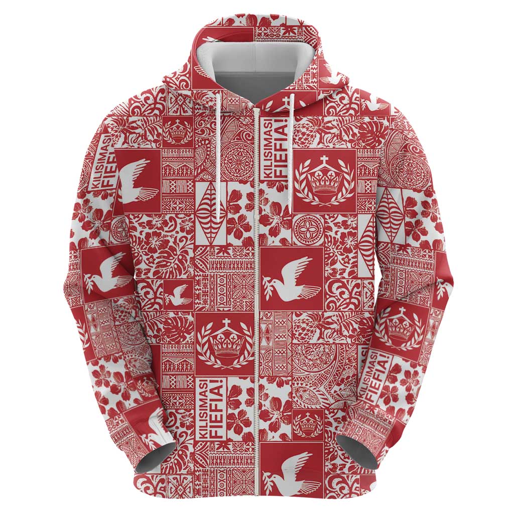 Red Tonga Kilisimasi Fiefia Hoodie Pacific Patchwork Xmas Vibes - Polynesian Pride