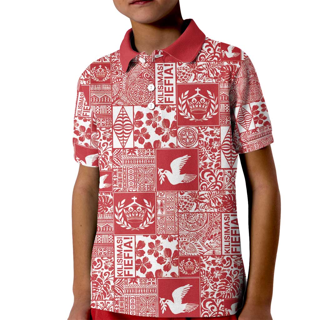 Red Tonga Kilisimasi Fiefia Kid Polo Shirt Pacific Patchwork Xmas Vibes - Polynesian Pride