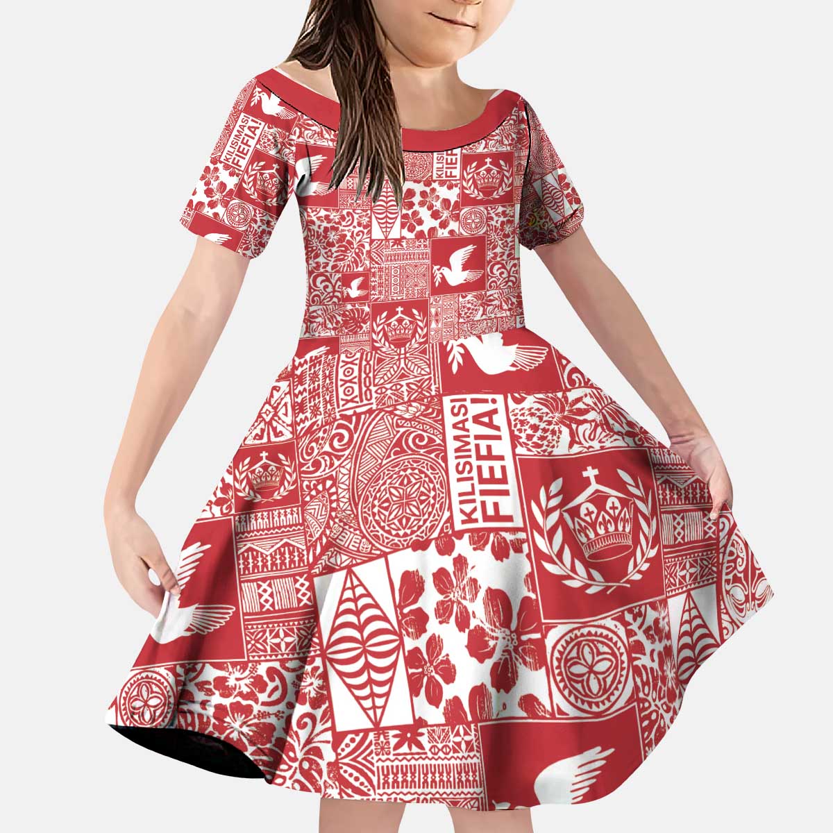 Red Tonga Kilisimasi Fiefia Kid Short Sleeve Dress Pacific Patchwork Xmas Vibes - Polynesian Pride