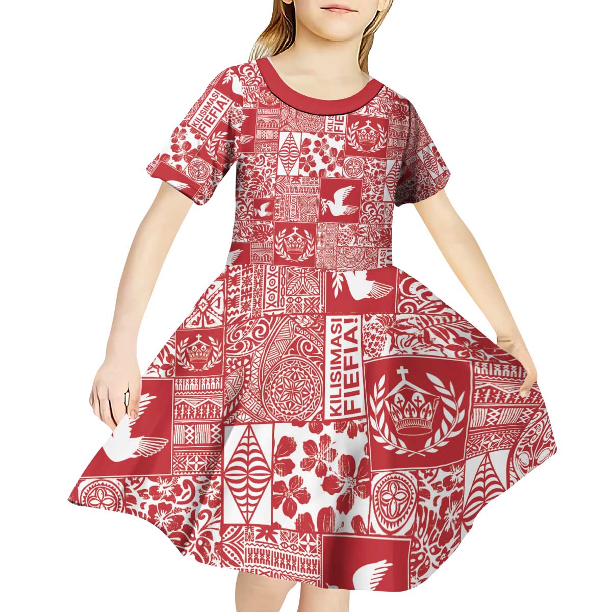 Red Tonga Kilisimasi Fiefia Kid Short Sleeve Dress Pacific Patchwork Xmas Vibes - Polynesian Pride