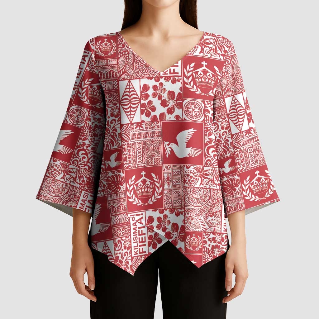 Red Tonga Kilisimasi Fiefia Kimono Sleeve Blouse Pacific Patchwork Xmas Vibes - Polynesian Pride
