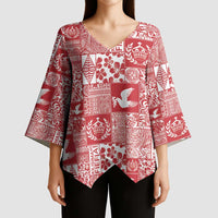 Red Tonga Kilisimasi Fiefia Kimono Sleeve Blouse Pacific Patchwork Xmas Vibes - Polynesian Pride