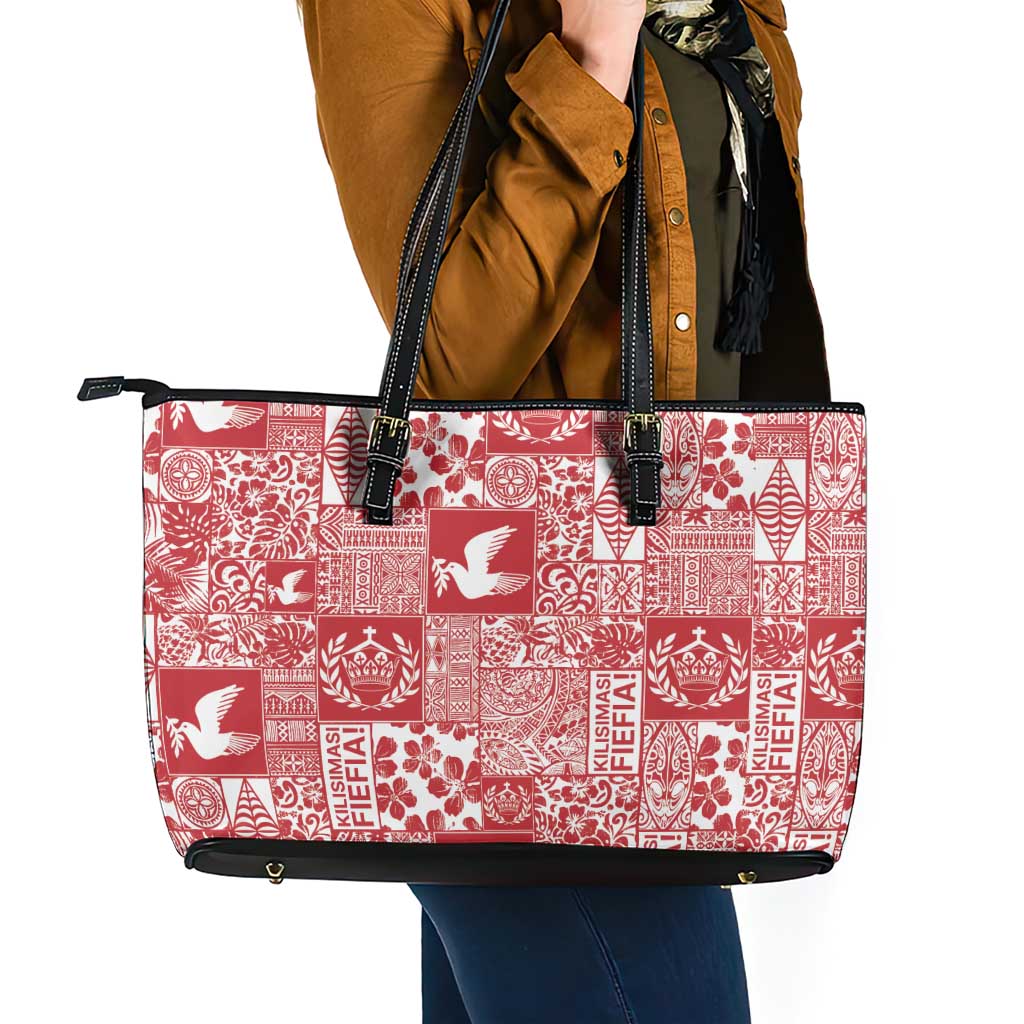 Red Tonga Kilisimasi Fiefia Leather Tote Bag Pacific Patchwork Xmas Vibes - Polynesian Pride