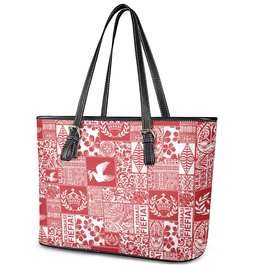 Red Tonga Kilisimasi Fiefia Leather Tote Bag Pacific Patchwork Xmas Vibes - Polynesian Pride
