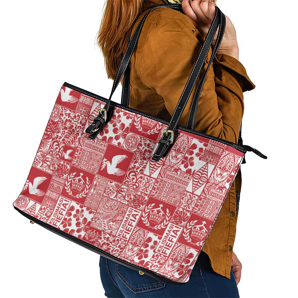 Red Tonga Kilisimasi Fiefia Leather Tote Bag Pacific Patchwork Xmas Vibes - Polynesian Pride