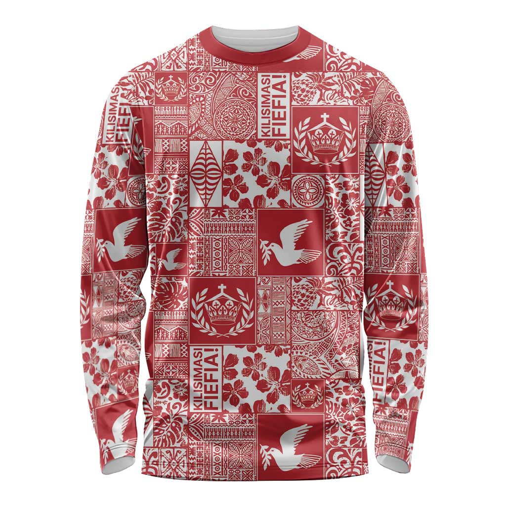 Red Tonga Kilisimasi Fiefia Long Sleeve Shirt Pacific Patchwork Xmas Vibes - Polynesian Pride