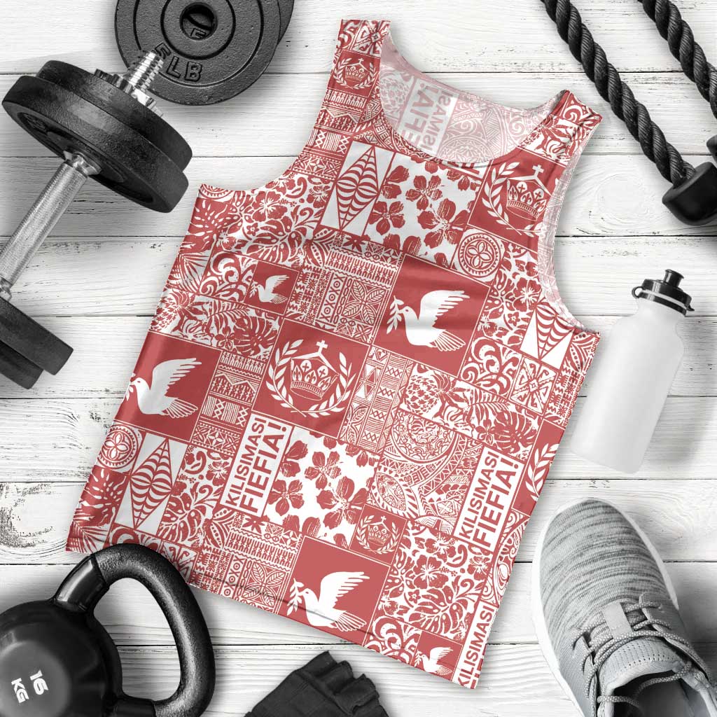 Red Tonga Kilisimasi Fiefia Men Tank Top Pacific Patchwork Xmas Vibes - Polynesian Pride
