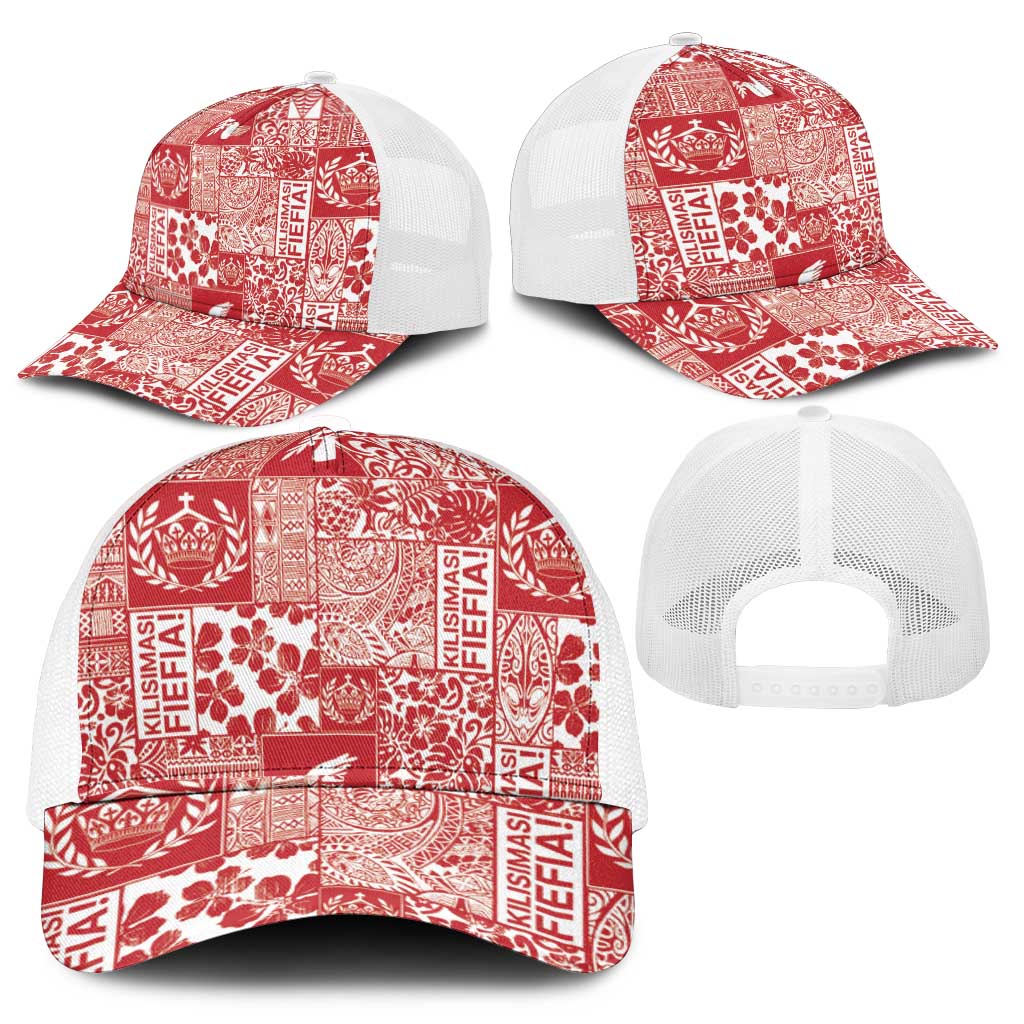 Red Tonga Kilisimasi Fiefia Mesh Trucker Cap Pacific Patchwork Xmas Vibes - Polynesian Pride