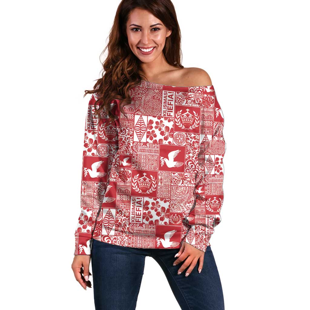 Red Tonga Kilisimasi Fiefia Off Shoulder Sweater Pacific Patchwork Xmas Vibes - Polynesian Pride
