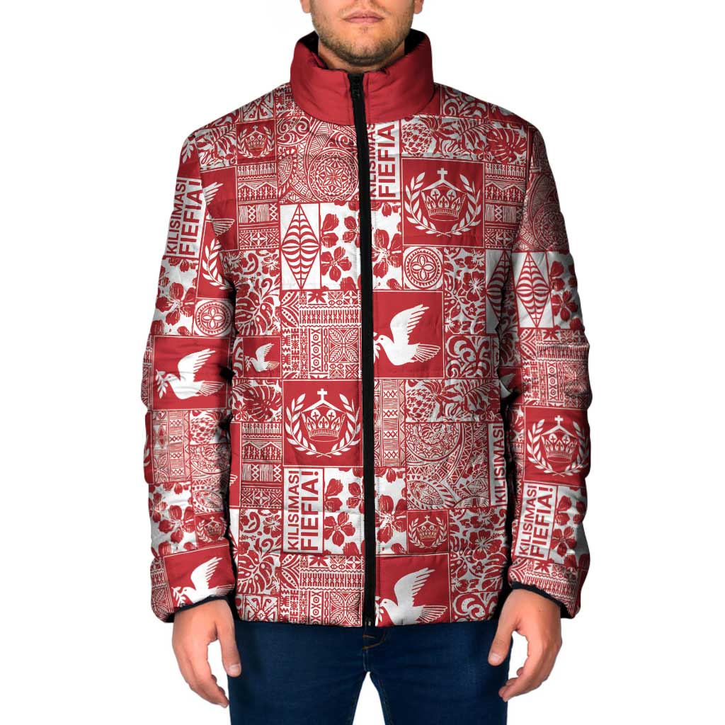 Red Tonga Kilisimasi Fiefia Padded Jacket Pacific Patchwork Xmas Vibes - Polynesian Pride
