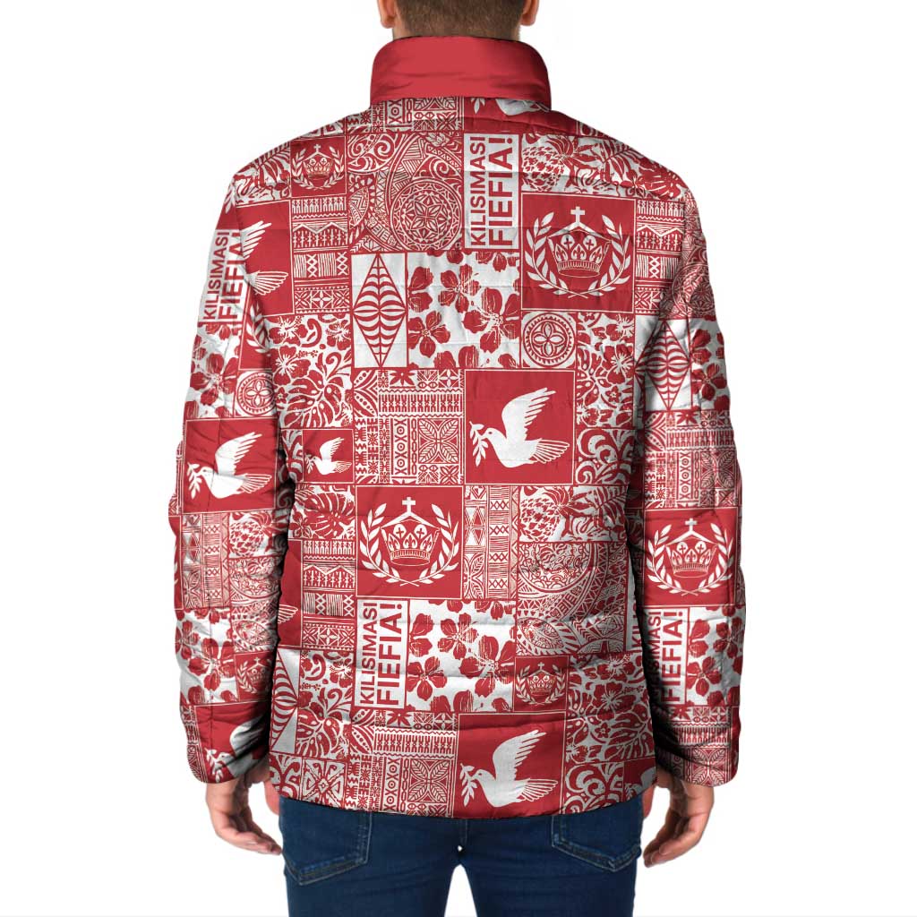 Red Tonga Kilisimasi Fiefia Padded Jacket Pacific Patchwork Xmas Vibes - Polynesian Pride