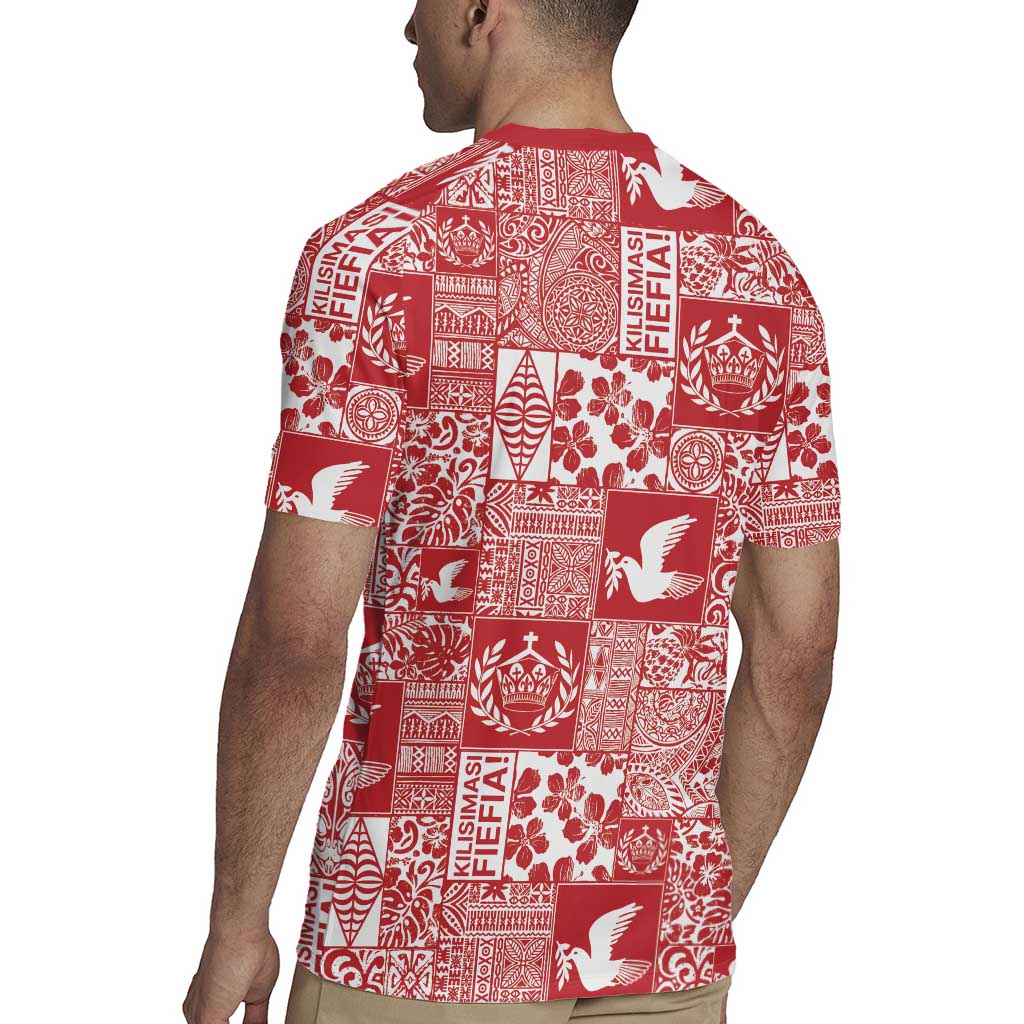 Red Tonga Kilisimasi Fiefia Rugby Jersey Pacific Patchwork Xmas Vibes - Polynesian Pride