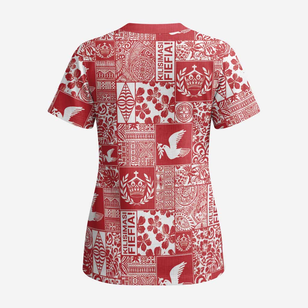 Red Tonga Kilisimasi Fiefia Scrub Top Pacific Patchwork Xmas Vibes - Polynesian Pride