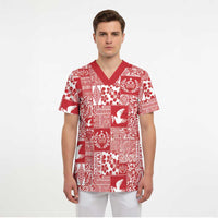 Red Tonga Kilisimasi Fiefia Scrub Top Pacific Patchwork Xmas Vibes - Polynesian Pride