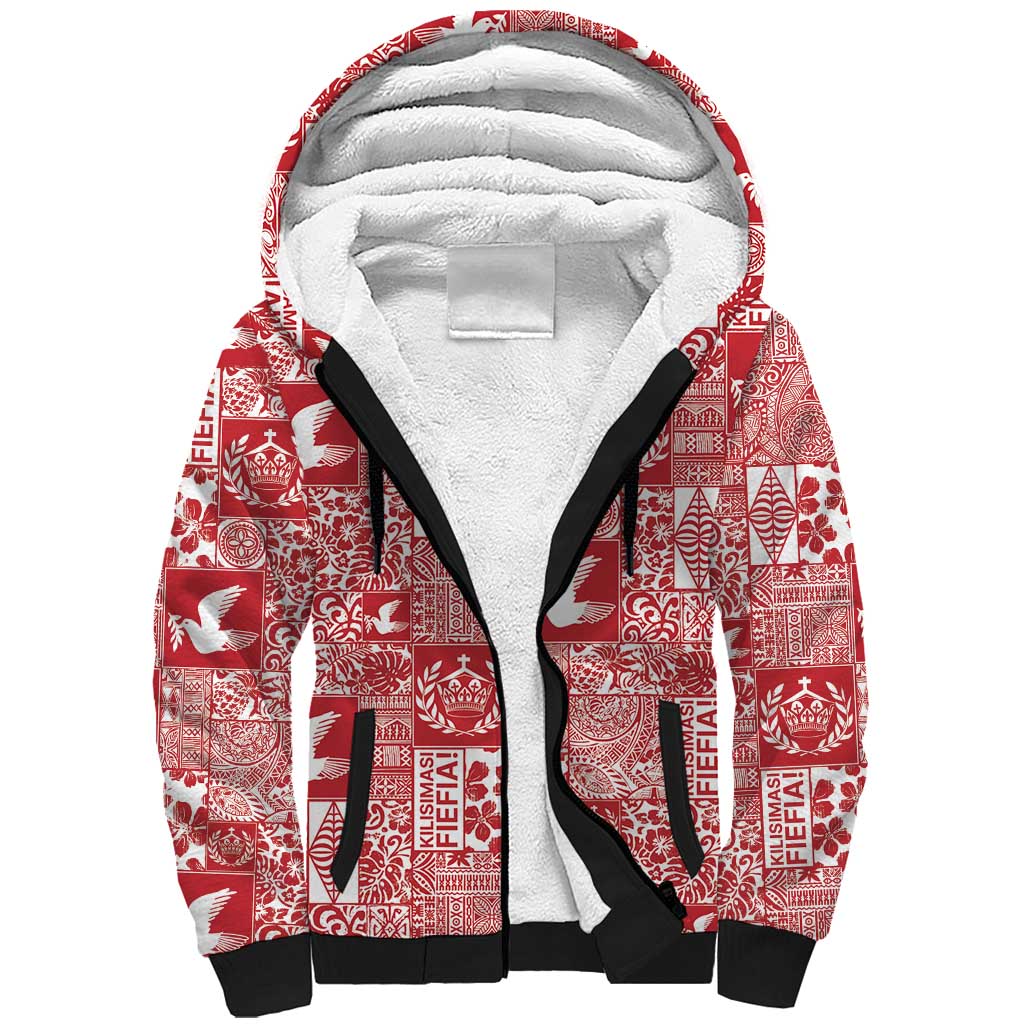 Red Tonga Kilisimasi Fiefia Sherpa Hoodie Pacific Patchwork Xmas Vibes - Polynesian Pride