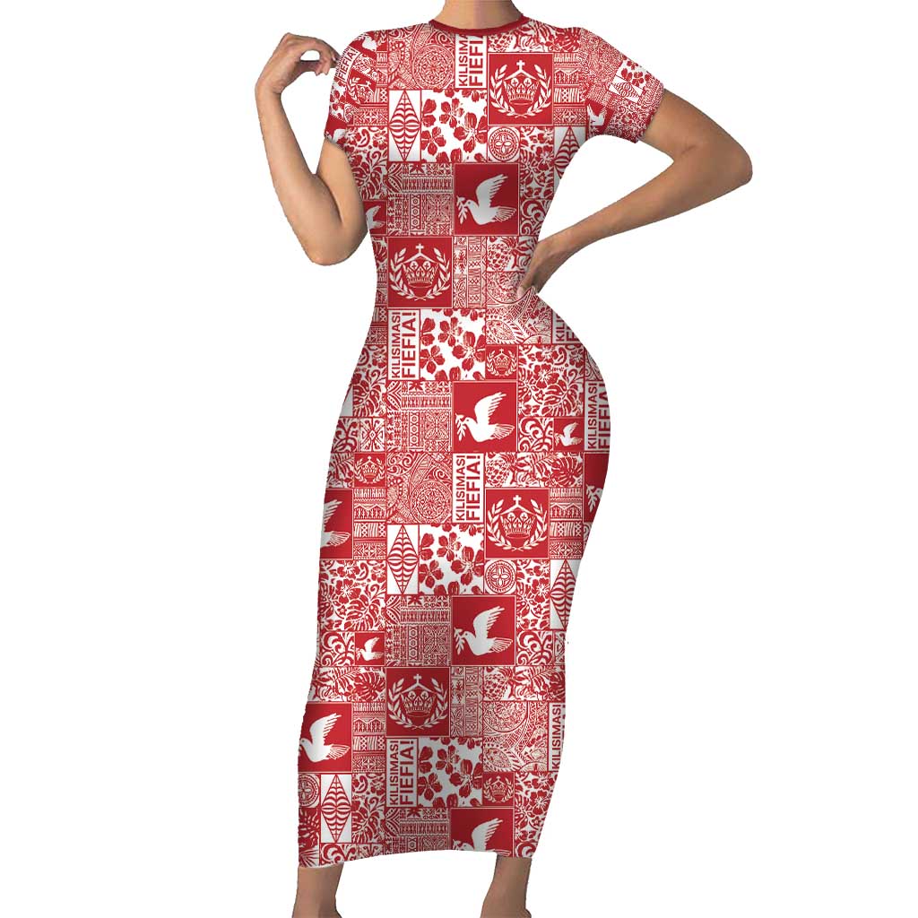 Red Tonga Kilisimasi Fiefia Short Sleeve Bodycon Dress Pacific Patchwork Xmas Vibes - Polynesian Pride