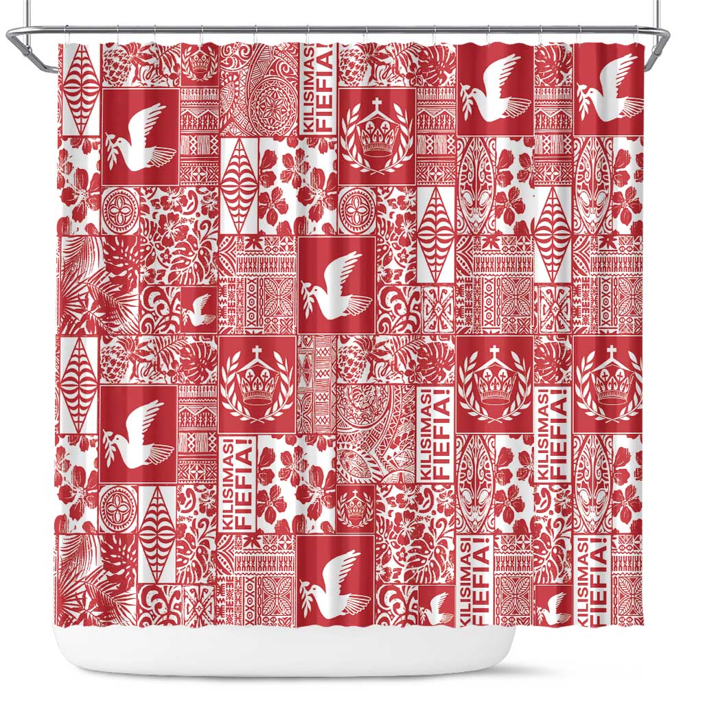 Red Tonga Kilisimasi Fiefia Shower Curtain Pacific Patchwork Xmas Vibes - Polynesian Pride